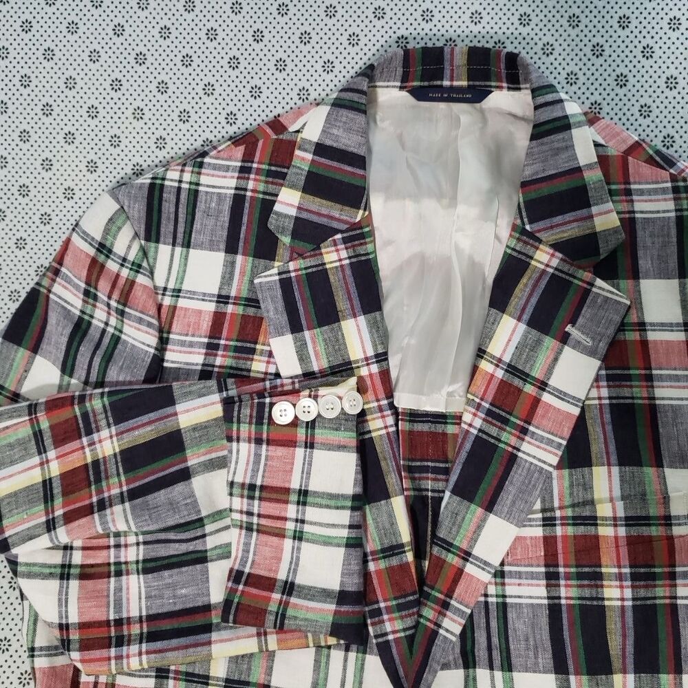 Brooks Brothers 1818 Madison L  Multi-Color Madras Plaid Linen Sport Coat Blazer